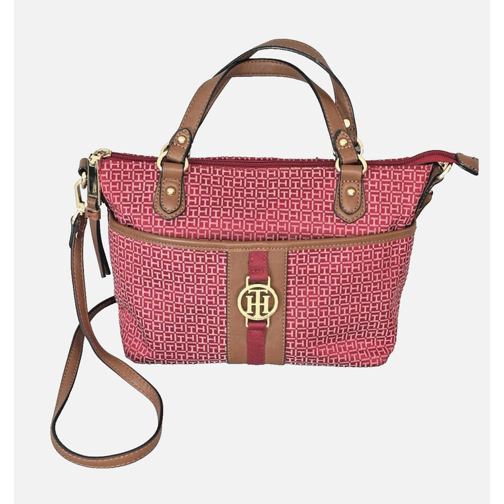 Tommy Hilfiger Red Brown Monogram Jacquard Cross Body Bag Purse Handbag EUC